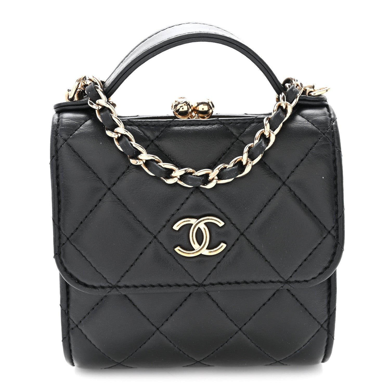 Chanel Lambskin Quilted Kiss Lock Top Handle Flap Clutch With Chain Black