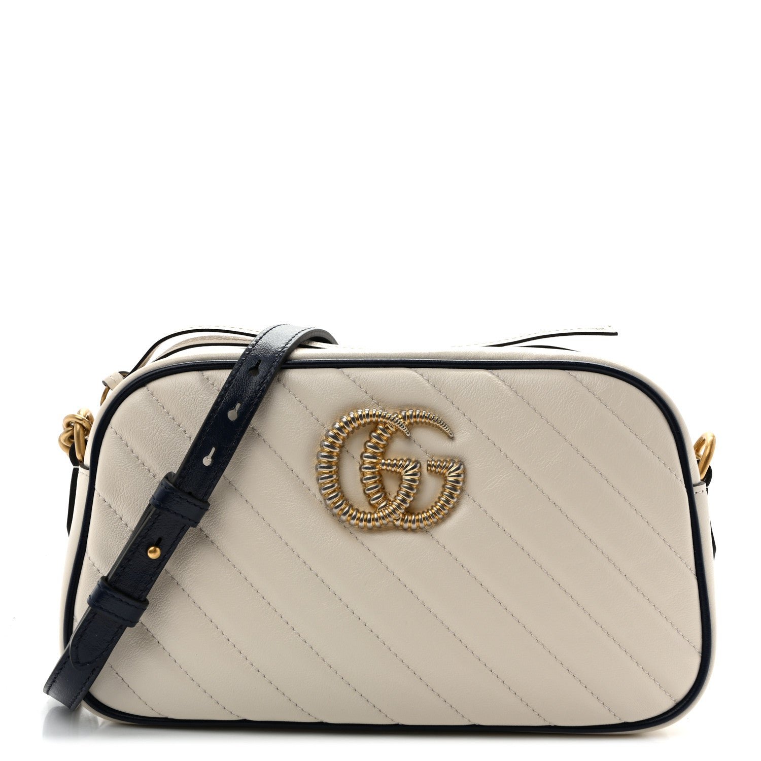 Gucci Vintage Effect Calfskin Matelasse Diagonal Small Torchon GG Marmont Chain Shoulder Bag Mystic White Blue Agata