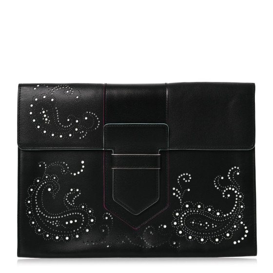 Delvaux Box Calfskin Perforated Paisley Presse Clutch Black