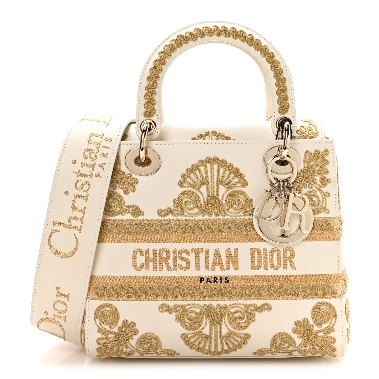 Christian Dior Calfskin Embroidered Medium Lady D-Lite White Gold