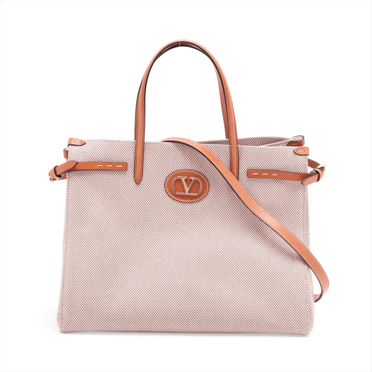 Valentino Garavani V logo Antibes Canvas & Leather 2 Way Tote Bag Brown