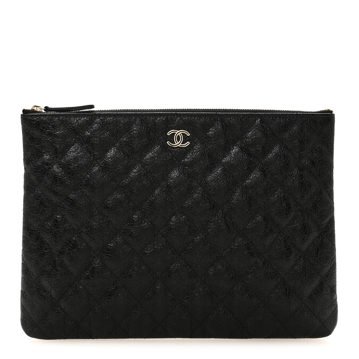 Chanel Calfskin Camellia Embossed Quilted Medium Cosmetic Case Black