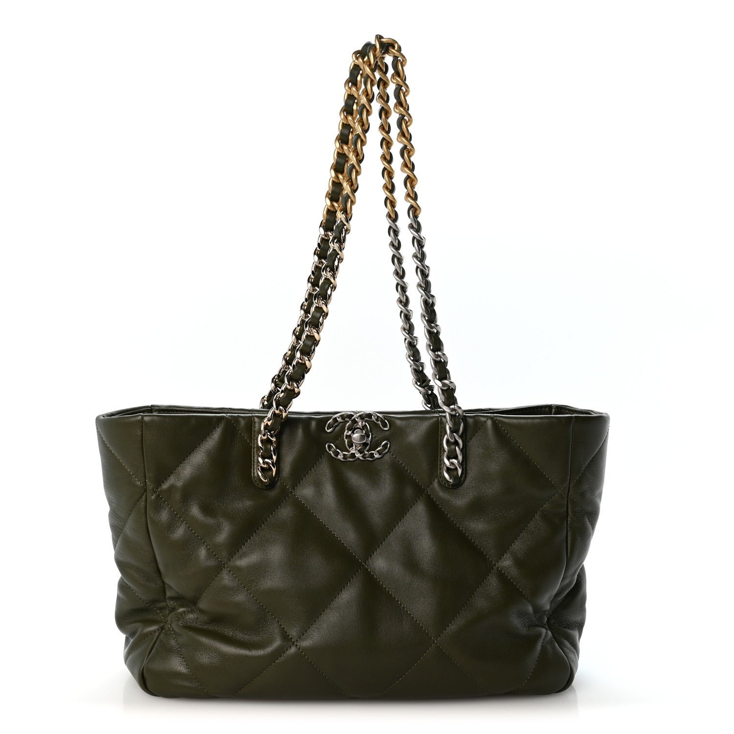 Chanel Lambskin Quilted Chanel 19 East West Shopping Bag Dark Green