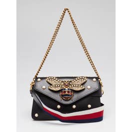 Gucci Black Leather Pearl Studded Mini Broadway Bee Shoulder Bag