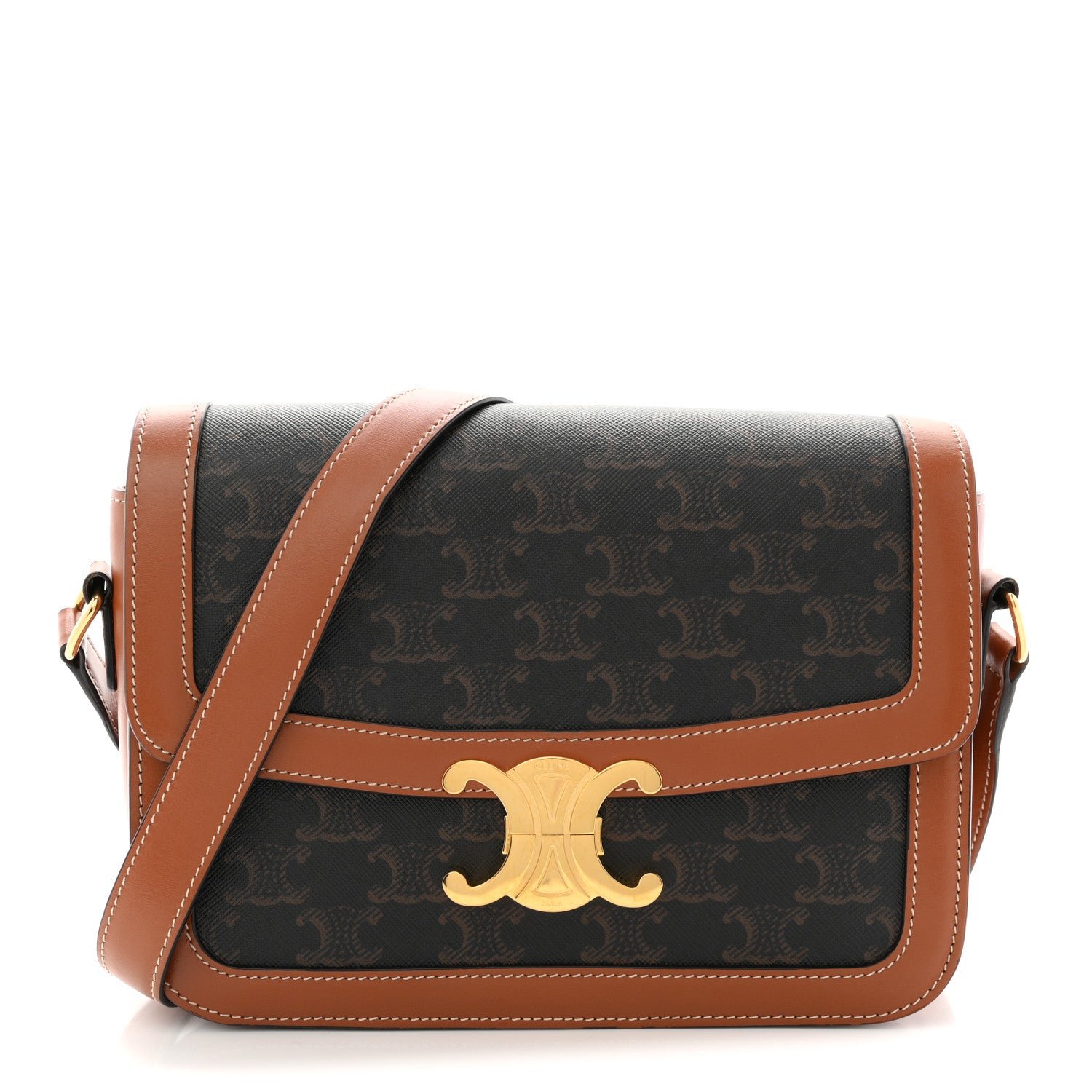 Celine Triomphe Canvas Calfskin Medium Triomphe Bag Tan