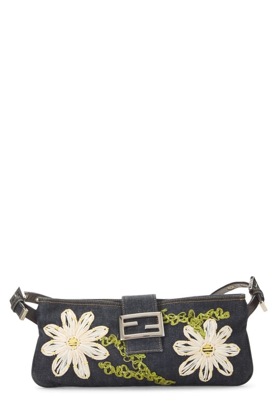 Navy Embroidered Denim Shoulder Bag
