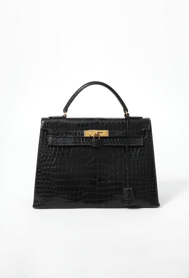 Hermes '80s Black Porosus Kelly Sellier 32