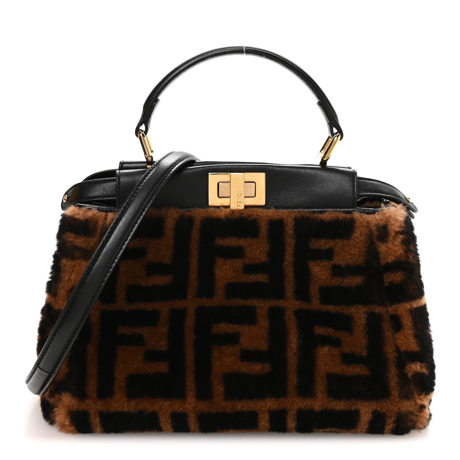 Fendi Shearling Nappa Macro FF 1974 Mini Peekaboo Iconic Satchel Tobacco Black