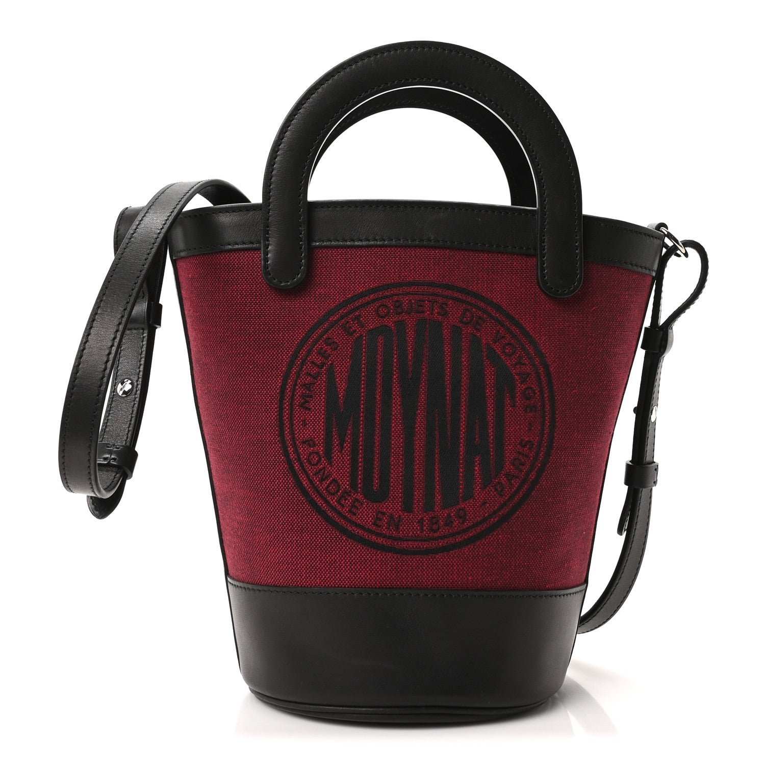 Moynat Cotton Canvas Linen Calfskin Fleur Bucket Bag Burgundy Black