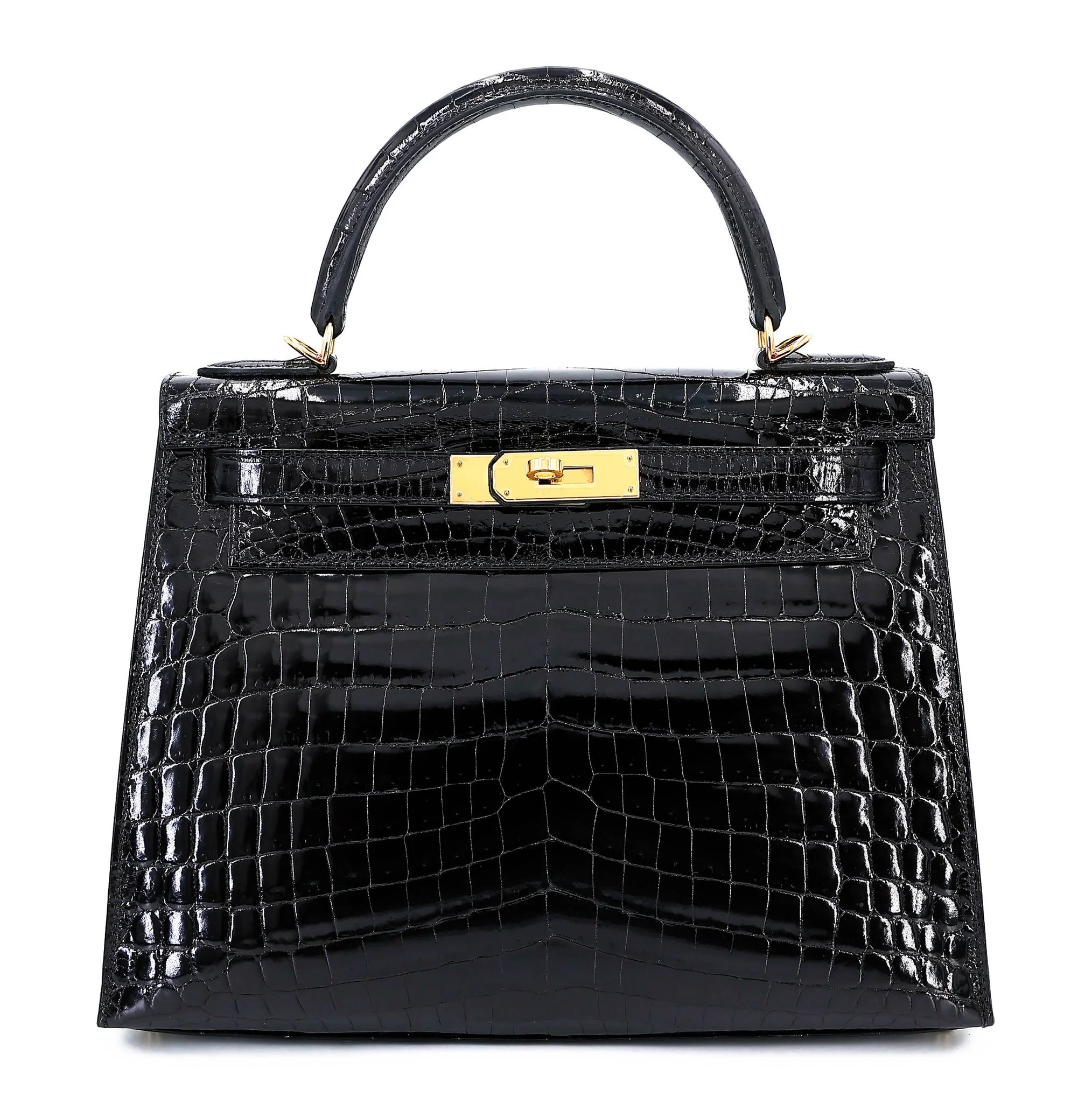 Very Good ( Rank A) HERMÈS Kelly 28 Sellier Noir (89) Shiny Niloticus Crocodile Gold hardware X (2016)