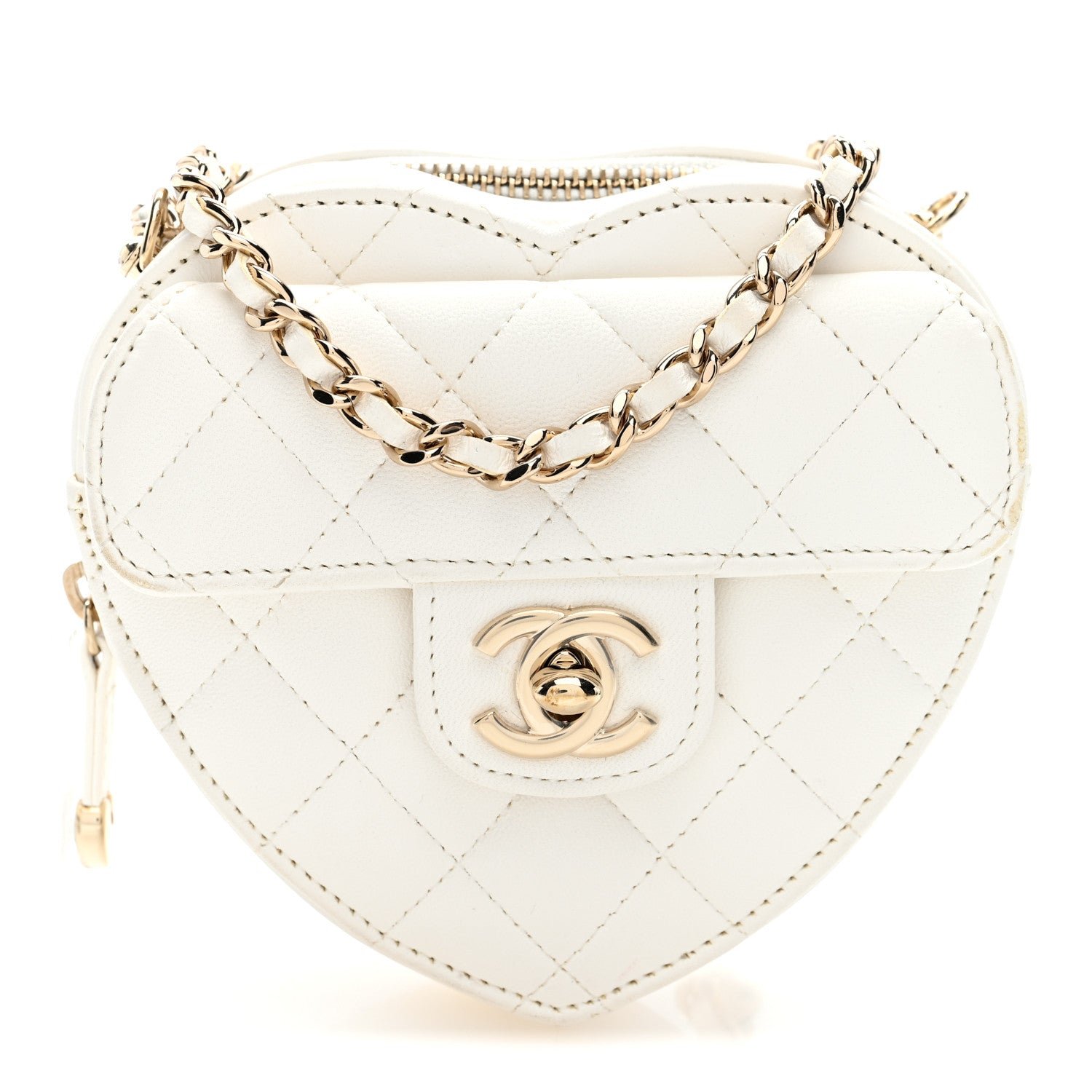 Chanel Lambskin Quilted CC In Love Heart Clutch With Chain White