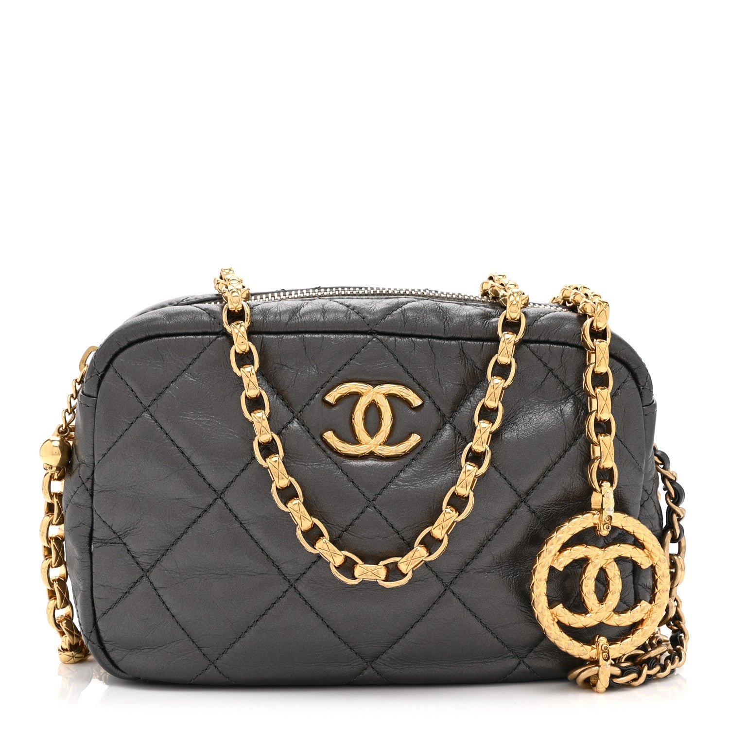 Chanel Metallic Calfskin Pearl Quilted CC Mini Camera Case Ruthenium