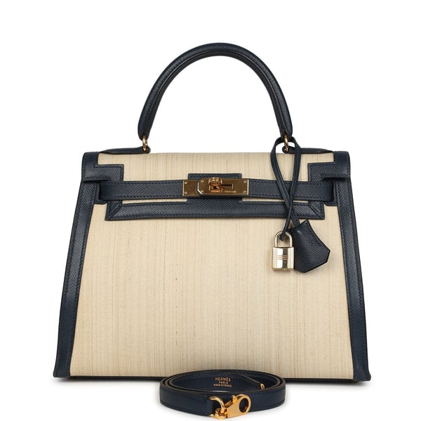 Hermes Vintage Hermes Kelly Sellier 28 Bleu Marine Courchevel and Ecru Crinoline Gold Hardware