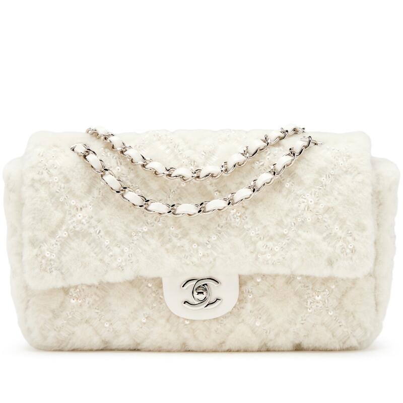 Cream White Quilted Imitation Pearl Embroidered Shearling and Lambskin Night Embroideries Medium Single Flap Bag Silver Hardware, 2021