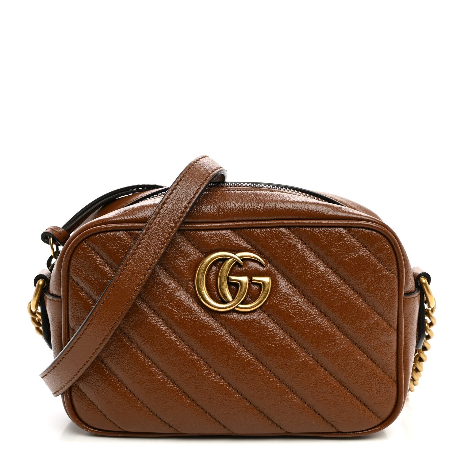 Gucci Glazed Calfskin Matelasse Diagonal Mini GG Marmont Chain Shoulder Bag Cuir