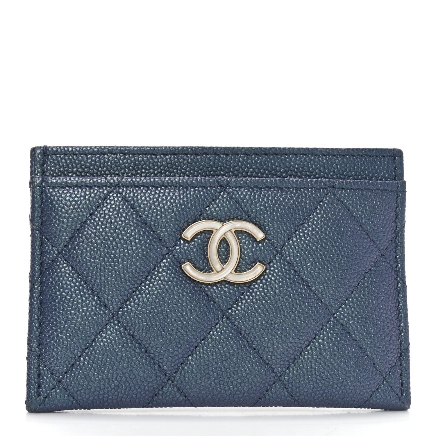 Chanel Iridescent Caviar Quilted Card Holder Blue Fonce
