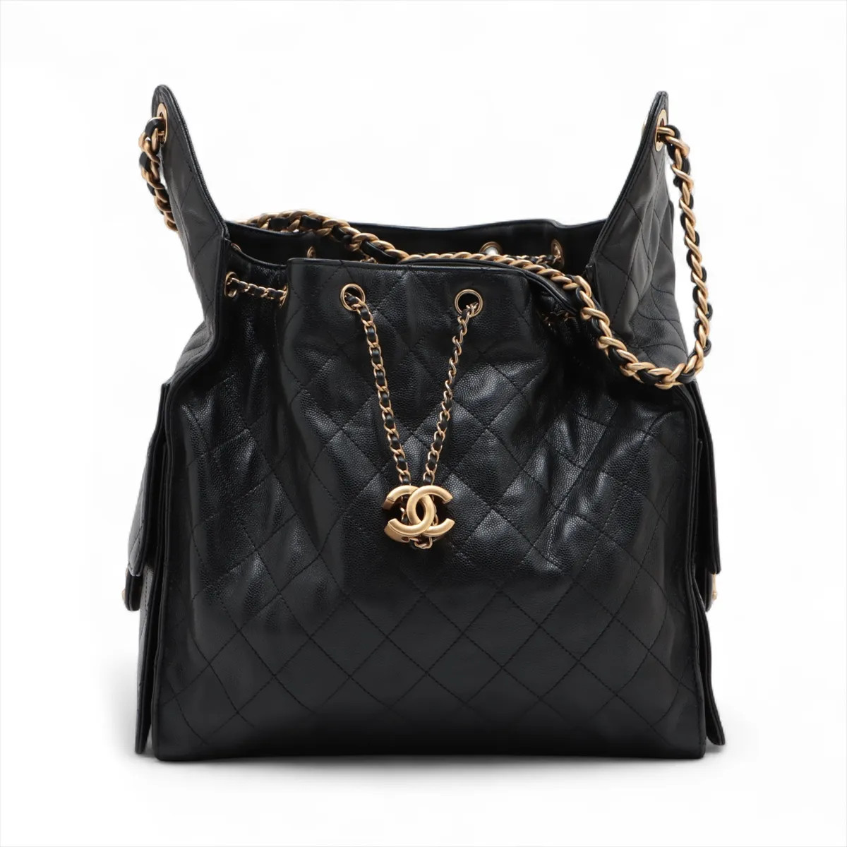 Chanel Chanel 25 Medium Caviar Skin Chain Shoulder Bag Black Gold Metal Fittings