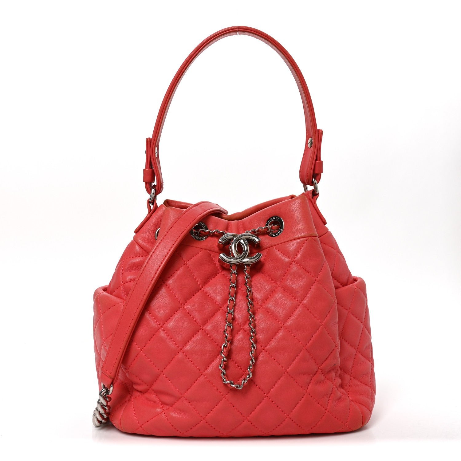 Chanel Lambskin Quilted Small CC Chain Drawstring Bucket Bag Red