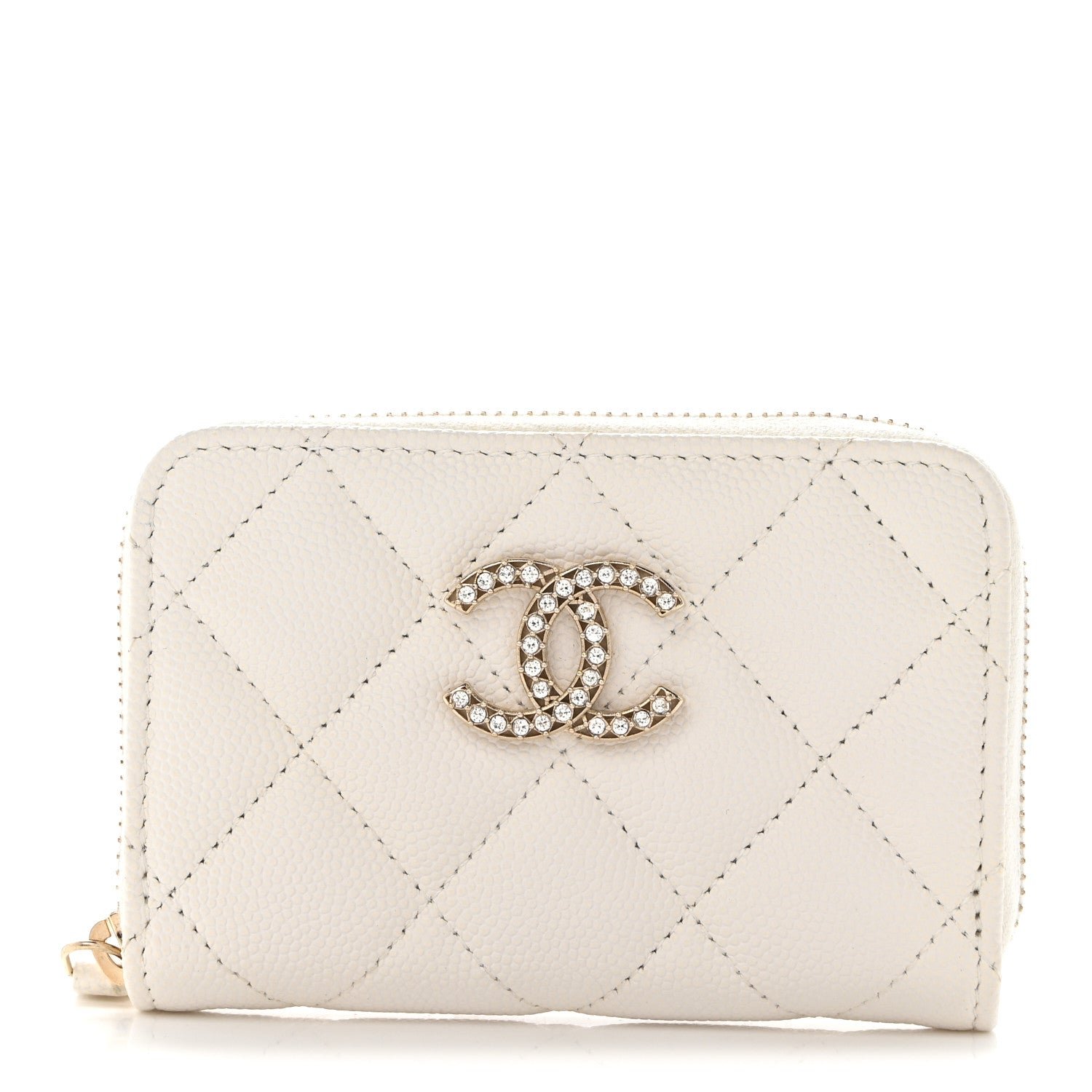 Chanel Shiny Caviar Quilted Strass CC Zip Coin Purse White