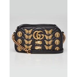 Gucci Black Quilted Padded Leather GG Marmont Animal Stud Small Shoulder Bag