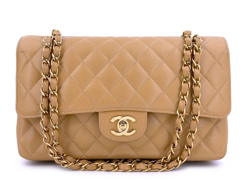 Camel Beige Quilted Caviar Medium Classic Double Flap Bag Gold Hardware, 2004