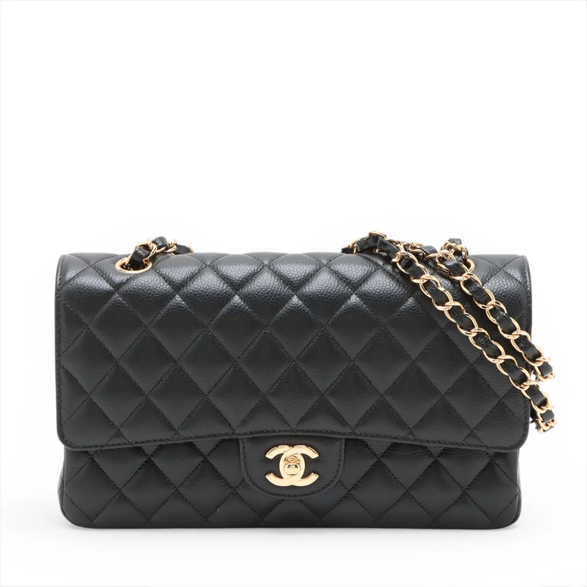 Chanel Matelasse 25 Caviar Skin Double Flap Double Chain Bag Black Gold Metal Fi