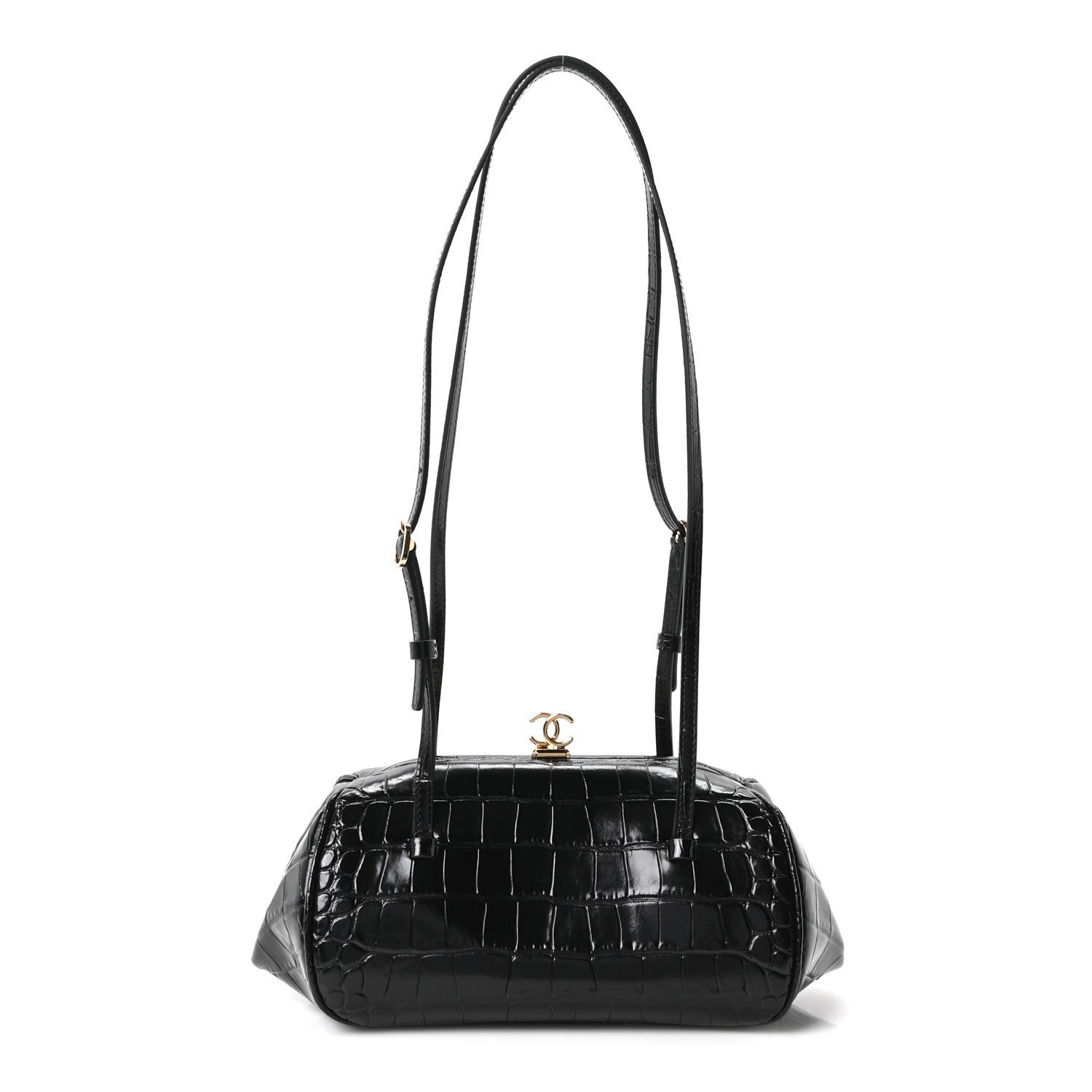 Chanel Calfskin Crocodile Embossed Pretty CC Clutch With Strap Black