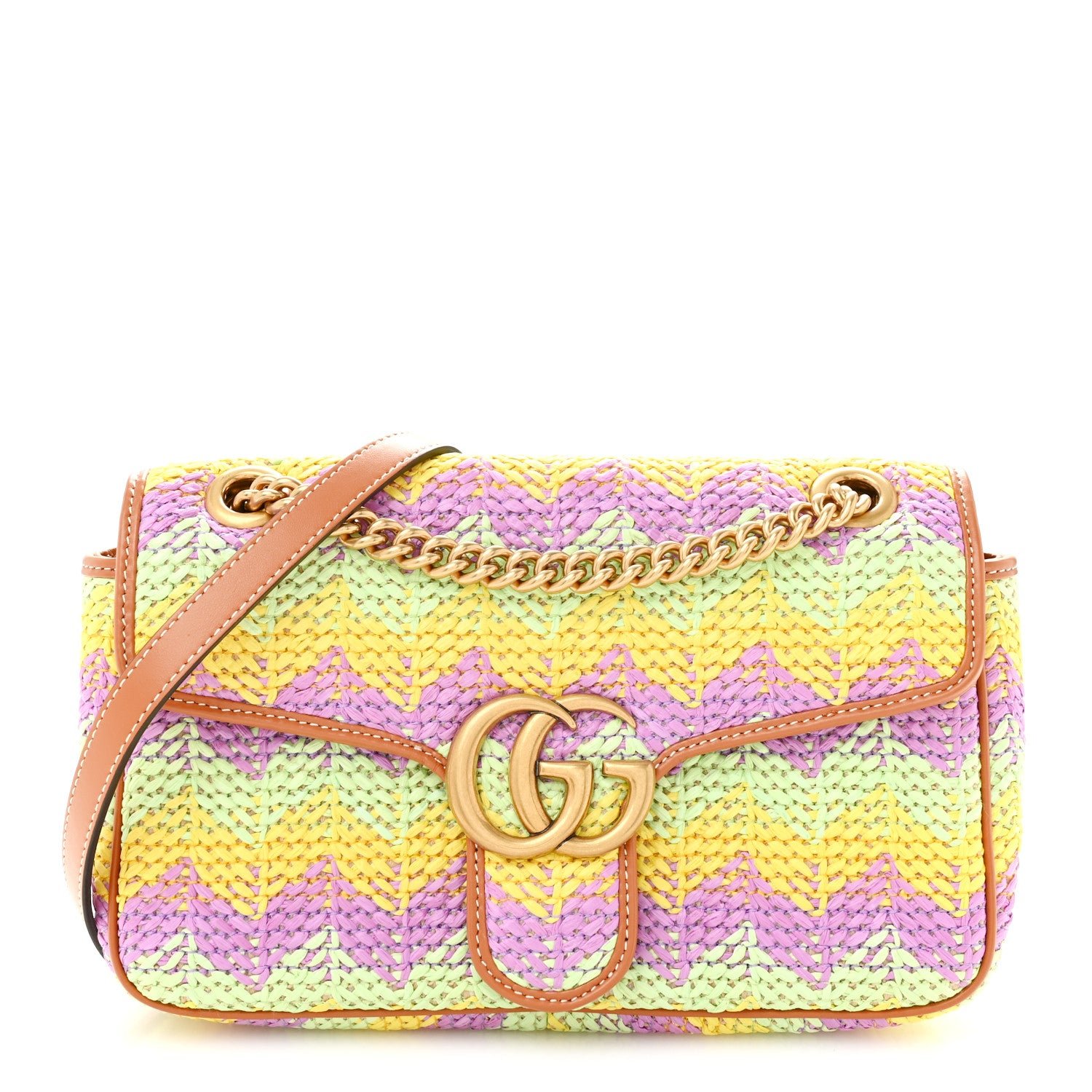 Gucci Calfskin Raffia Woven Small GG Marmont Shoulder Bag Multicolor