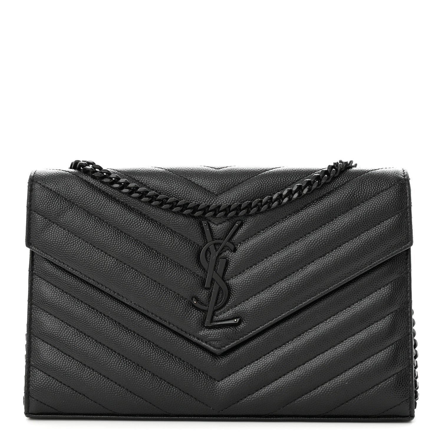 Saint Laurent Grain De Poudre Matelasse Chevron Monogram Monochrome Chain Wallet Black