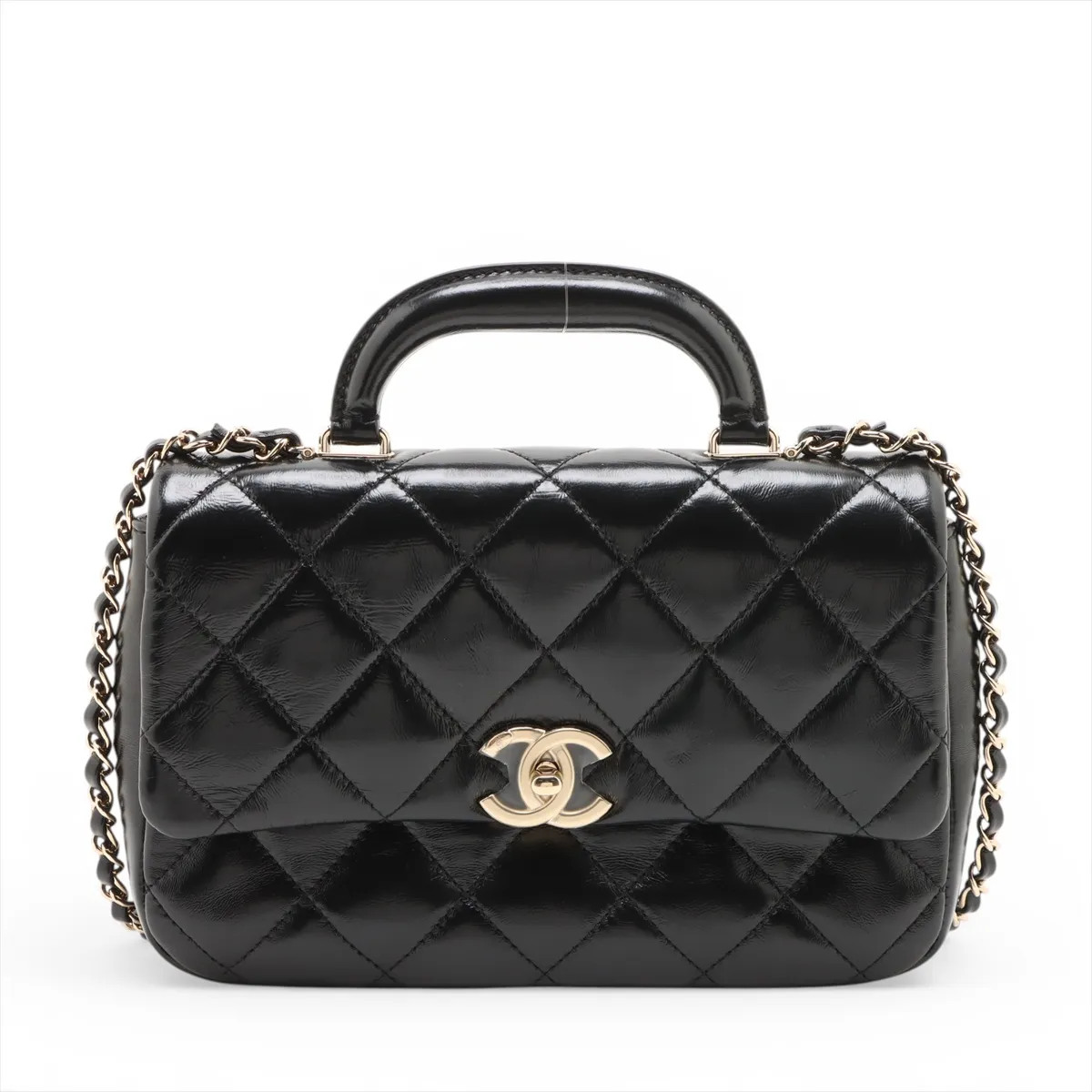 Chanel Matelasse Leather 2 Way Handbag Black Gold Metal Fittings random plate
