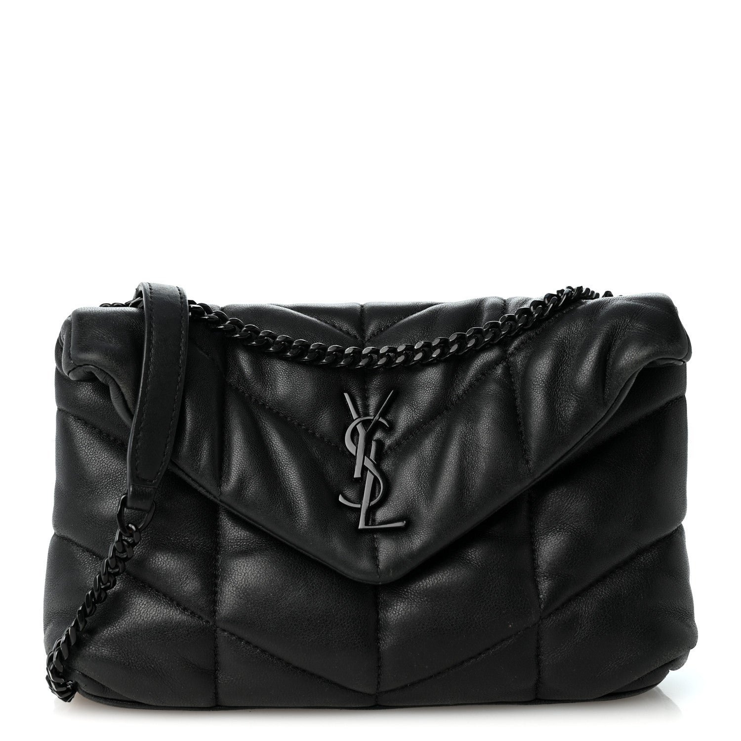 Saint Laurent Lambskin Quilted Toy Loulou Puffer Monogram Monochrome Chain Satchel Black