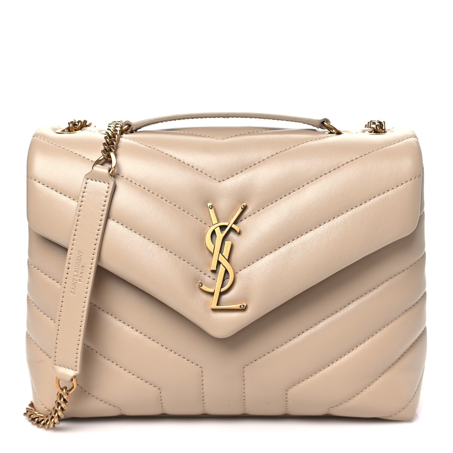 Saint Laurent Calfskin Y Quilted Monogram Small Loulou Chain Satchel Dark Beige