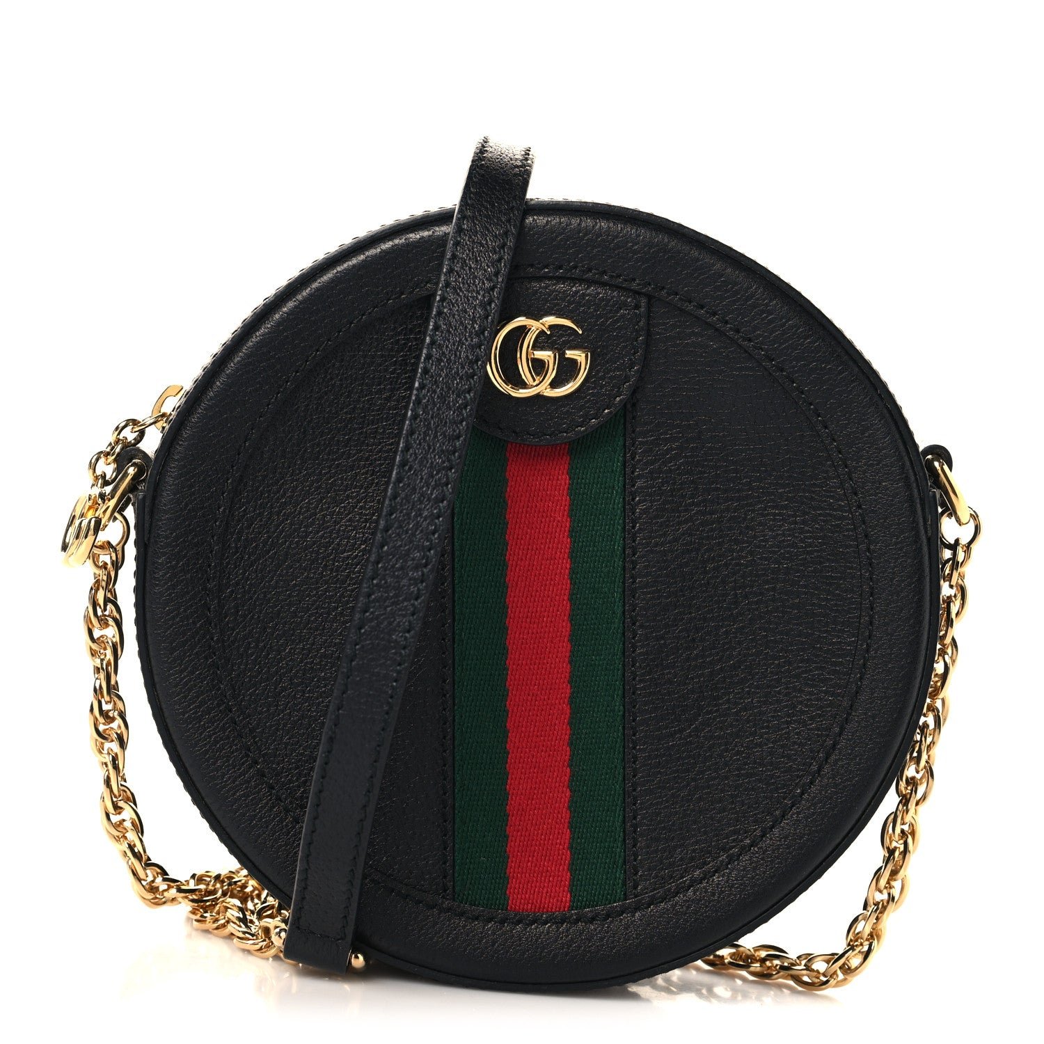 Gucci Grained Calfskin Web Mini Ophidia Round Shoulder Bag Black