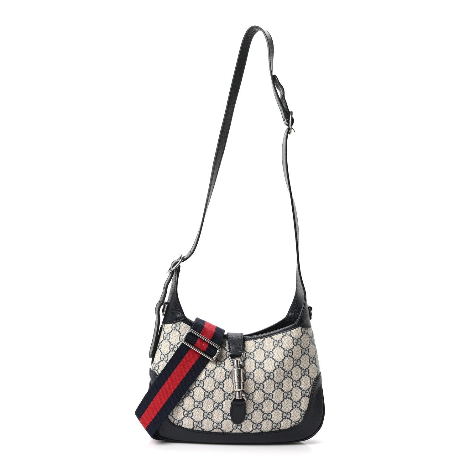 Gucci GG Supreme Monogram Textured Dollar Calfskin Web Small Jackie 1961 Hobo Beige Blue