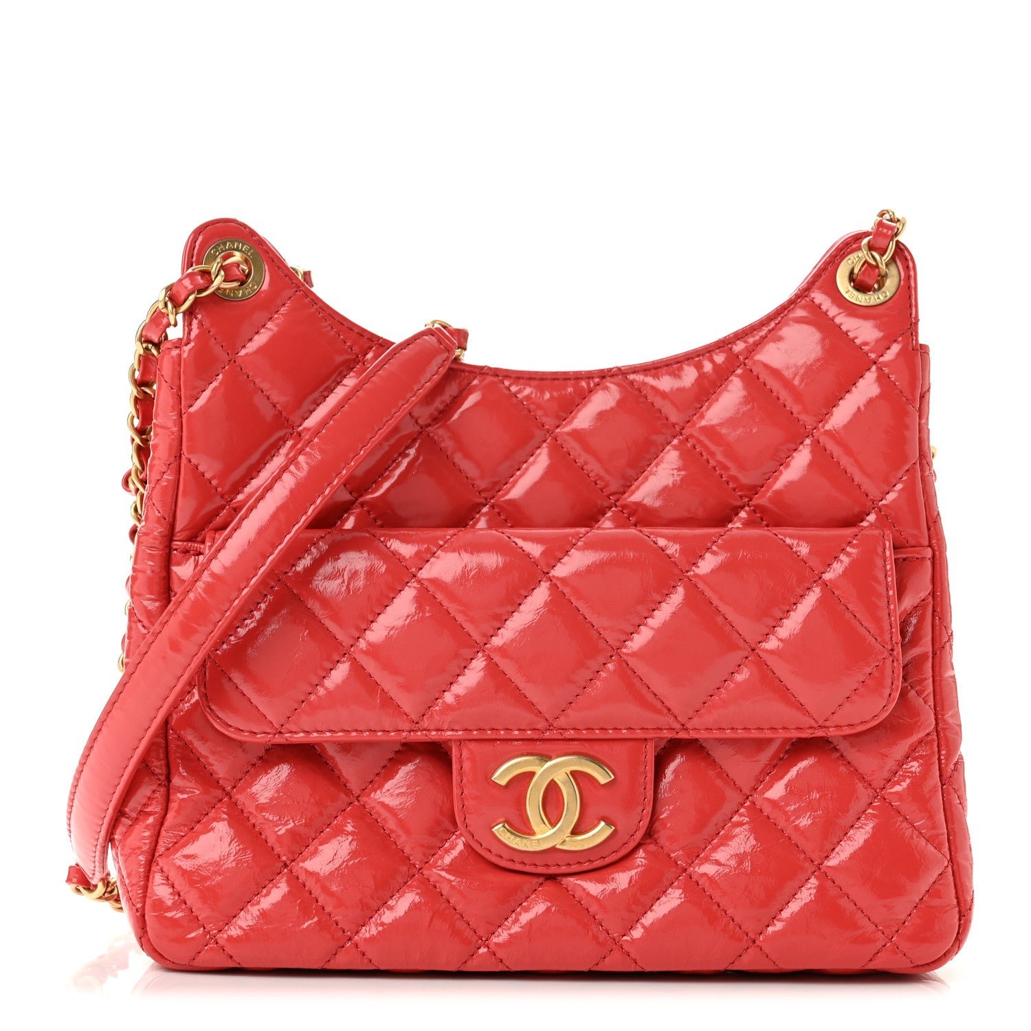 Chanel Shiny Crumpled Calfskin Quilted Wavy CC Hobo Red