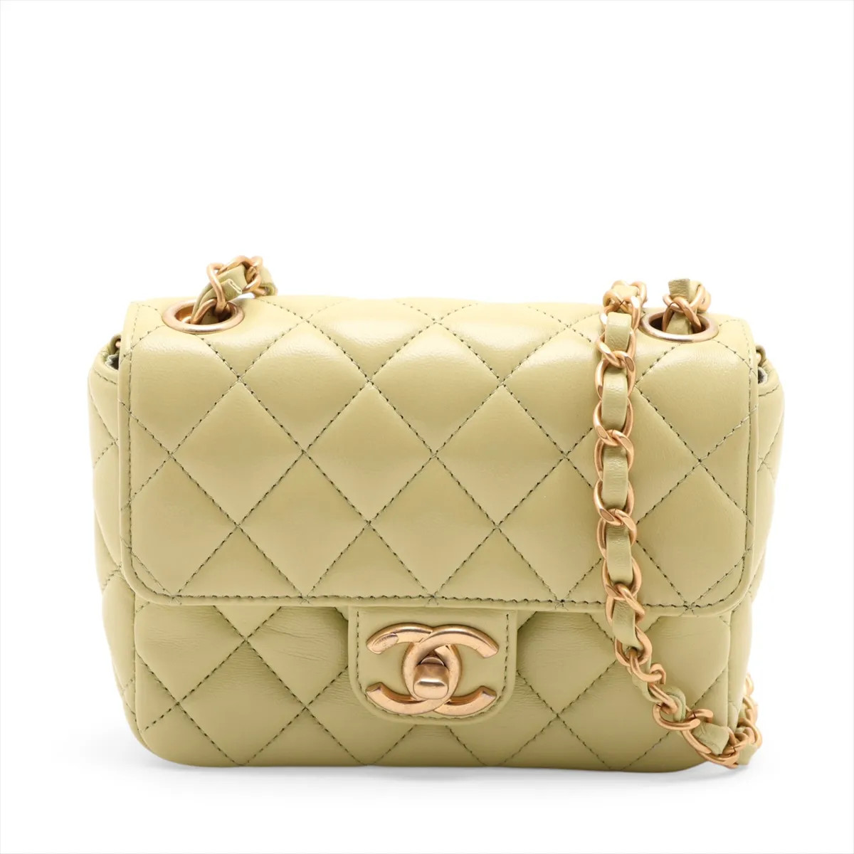 Chanel Mini Matelasse Lambskin Single Flap Single Chain Bag Green Gold Metal Fit