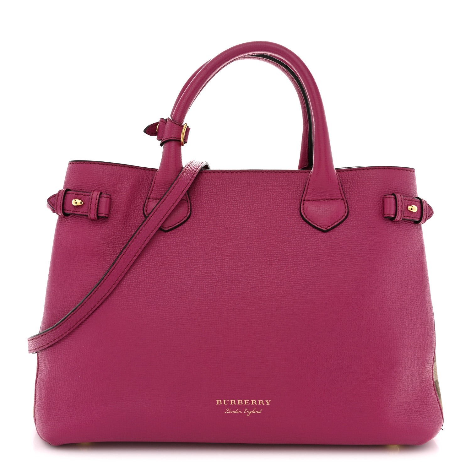 Burberry Grainy Calfskin House Check Medium Banner Tote Brilliant Fuchsia
