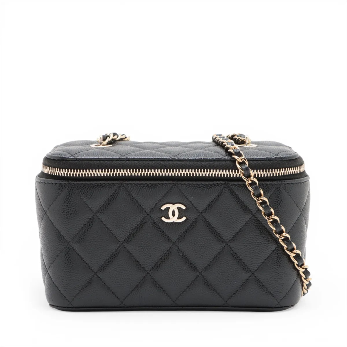 Chanel Matelasse Caviar Skin Chain Shoulder Bag Vanity Black Gold Metal Fittings