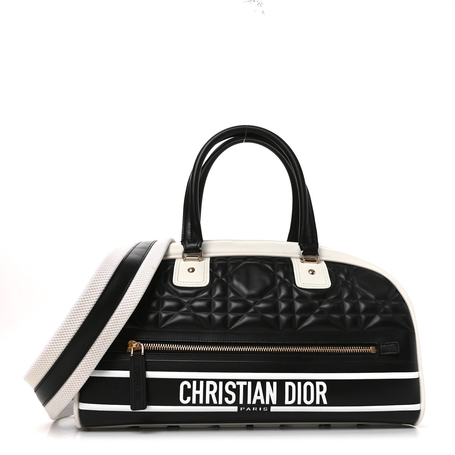 Christian Dior Lambskin Cannage Medium Dior Vibe Zip Bowling Bag Black White