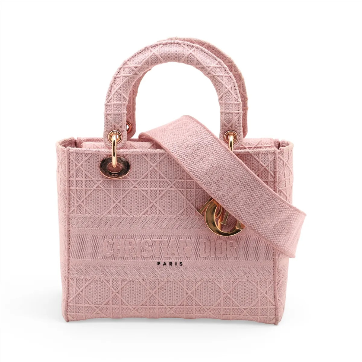 Christian Dior Cannage Lady Dee Light Medium canvas 2 Way Handbag Pink