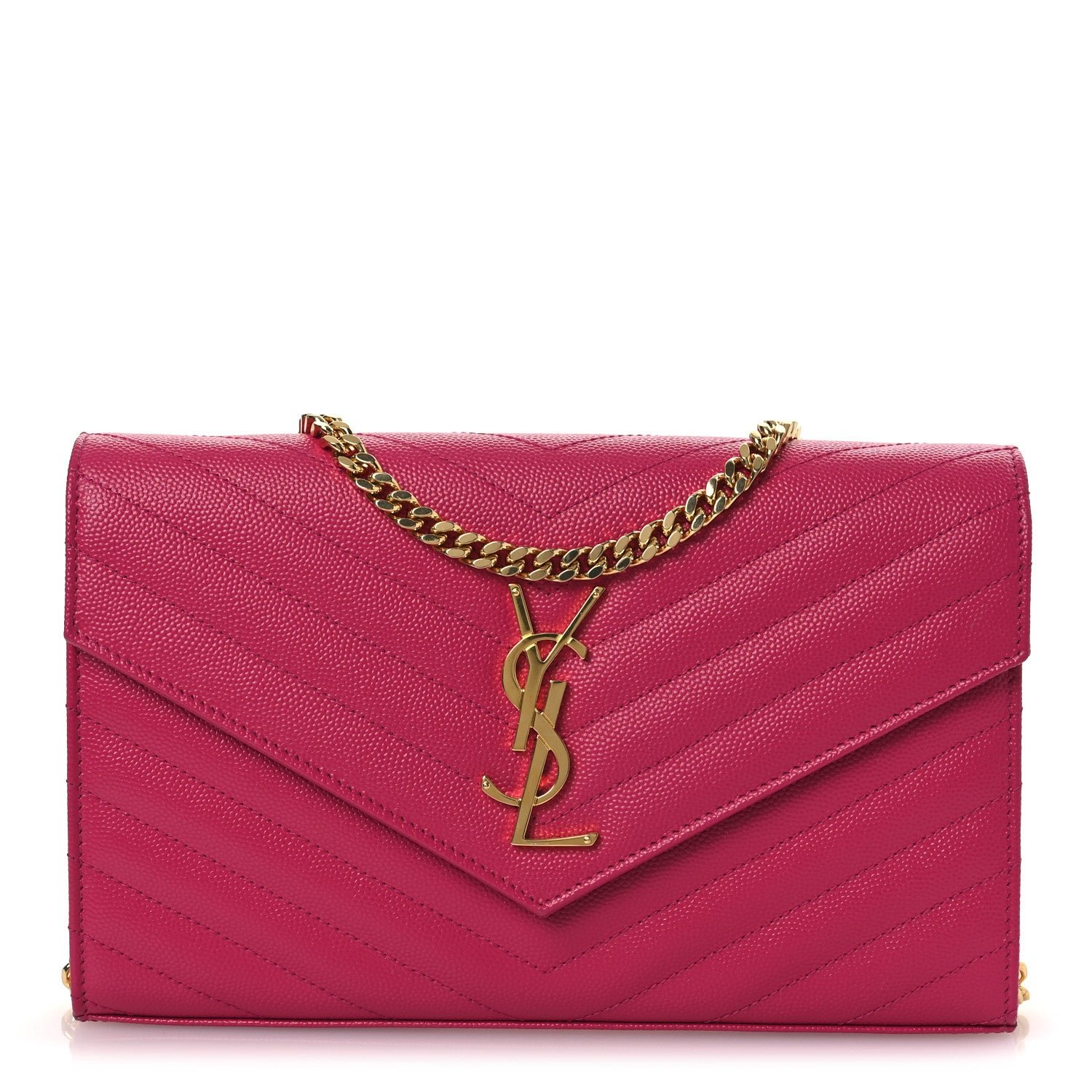 Saint Laurent Grain De Poudre Matelasse Chevron Monogram Chain Wallet Lipstick Fuchsia