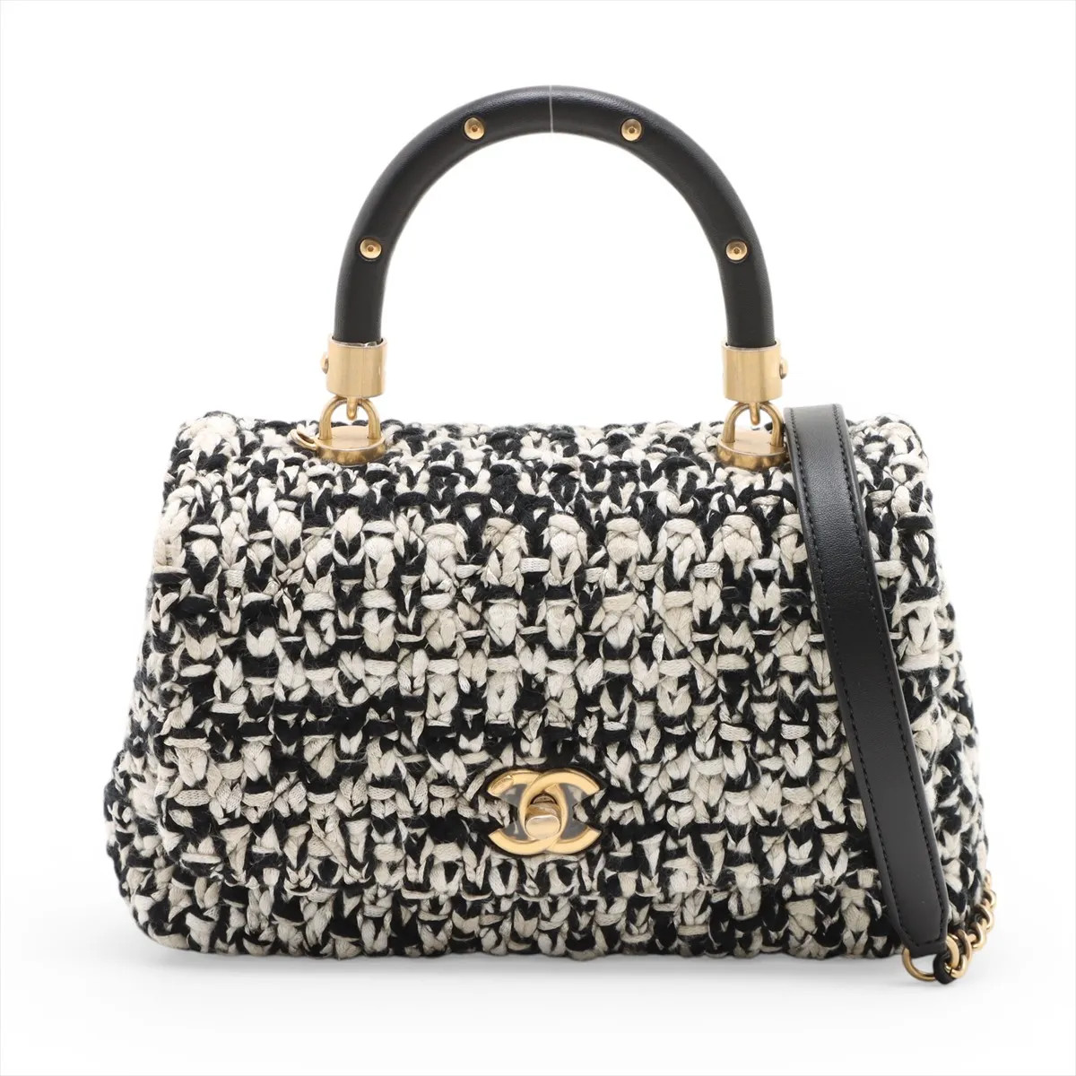 Chanel Coco Mark Fabric 2 Way Handbag Black × White Gold Metal Fittings 25XXXXXX