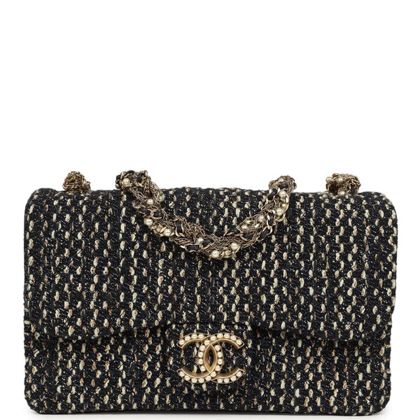Chanel Small Westminster Pearl Flap Bag Black, Gold, White Tweed Brushed Gold Hardware