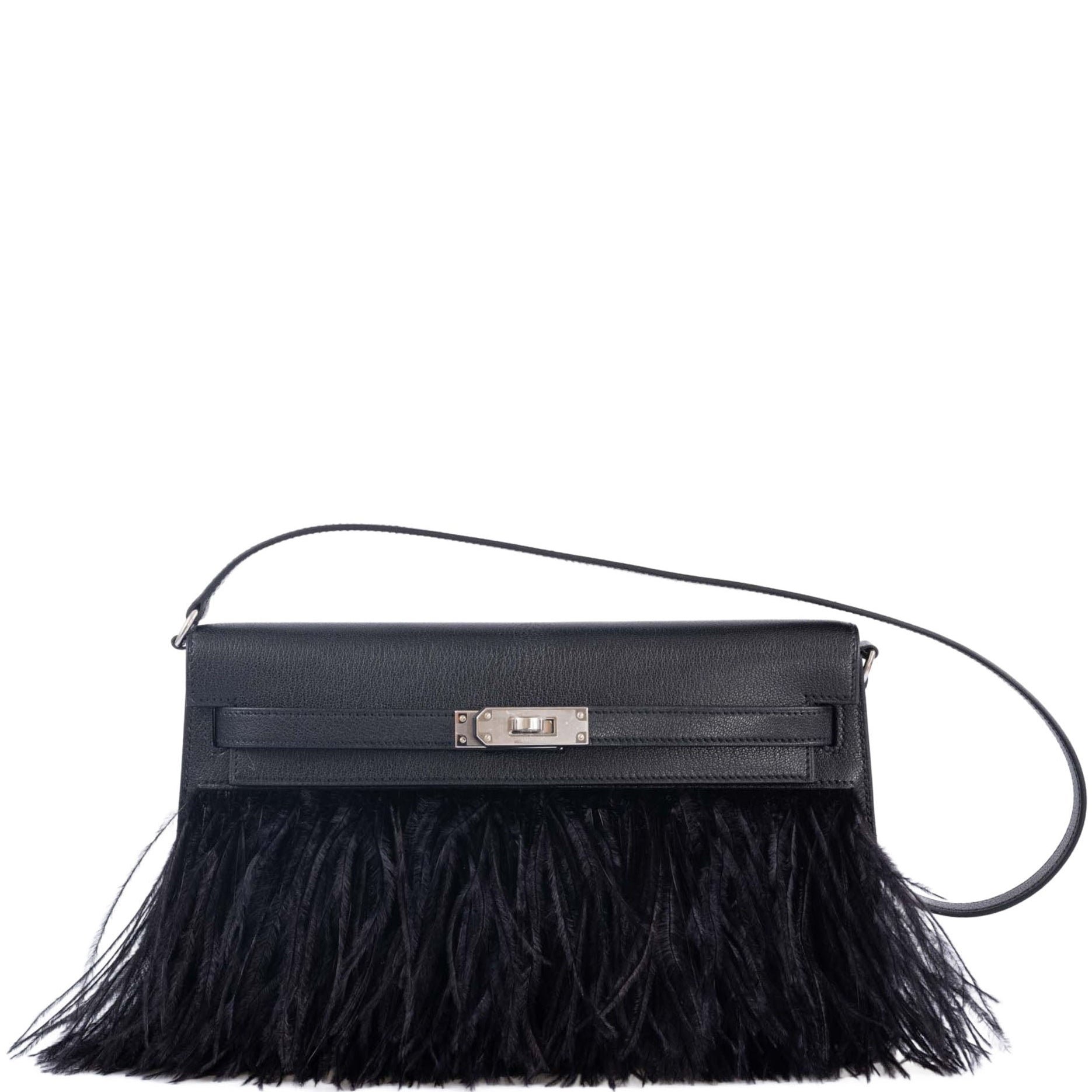Hermes Hermès Kelly Élan Folie Noir Chèvre Chamkila with Ostrich Feathers Palladium Hardware