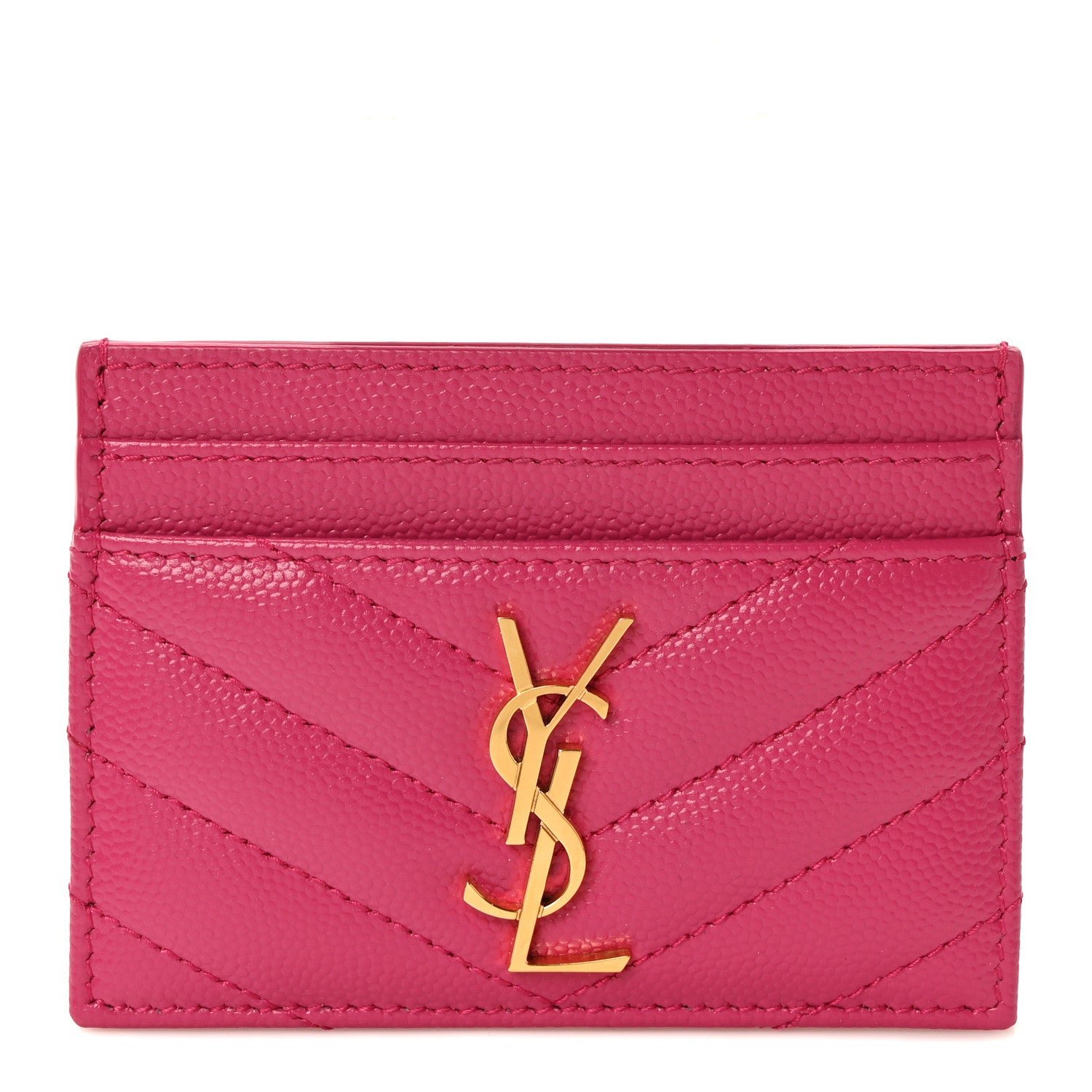 Saint Laurent Grain De Poudre Matelasse Chevron Monogram Credit Card Case Fresh Fuxia