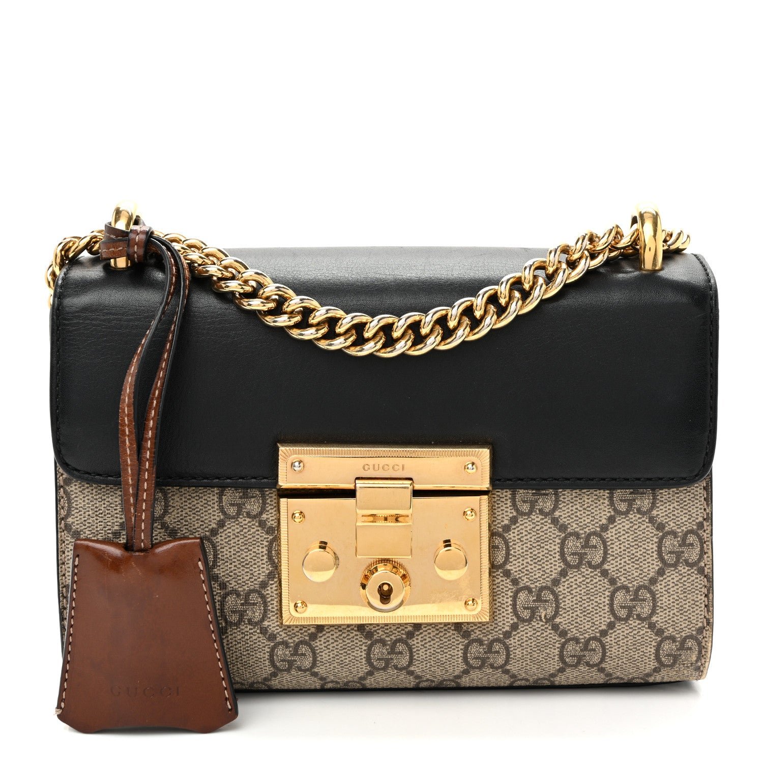 Gucci GG Supreme Monogram Calfskin Small Padlock Shoulder Bag Beige Black Cuir