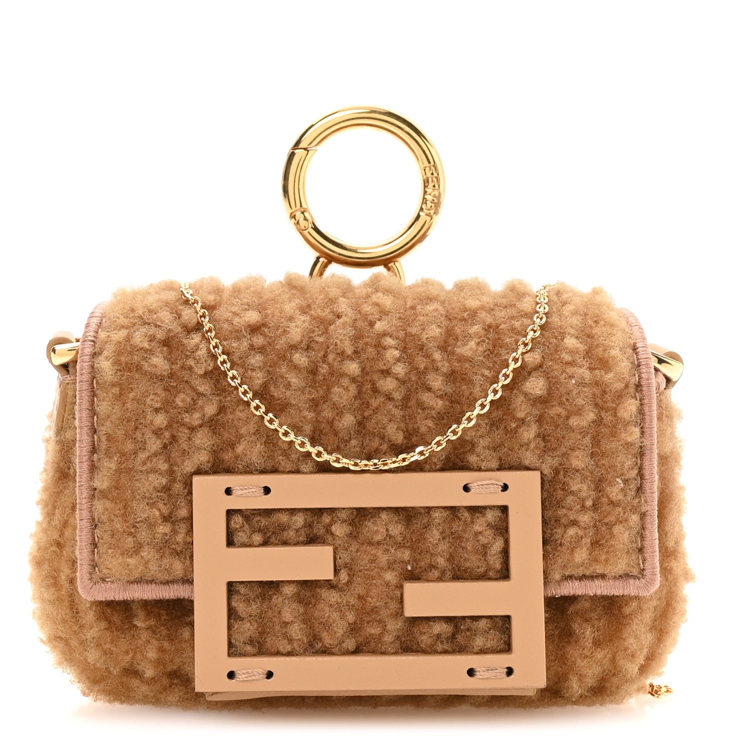 Fendi Shearling Nano Maxi Buckle Baguette Charm Camel