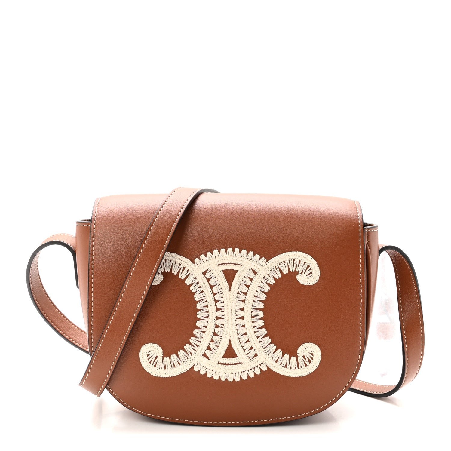 Celine Smooth Calfskin Cuir Triomphe Embroidered Folco Crossbody Bag Tan