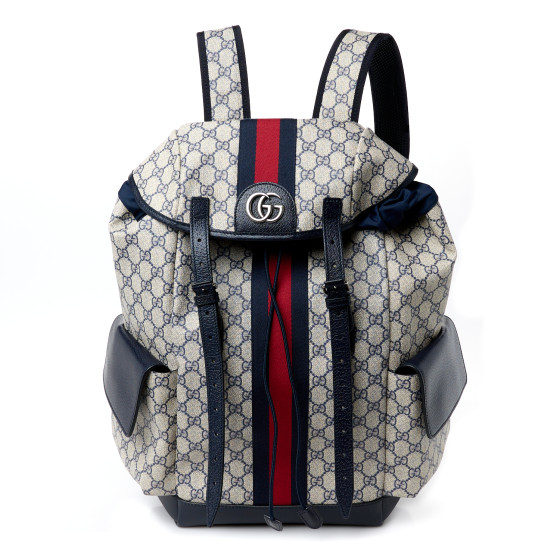 Gucci GG Supreme Monogram Medium Ophidia Double Buckle Backpack Beige Blue Black