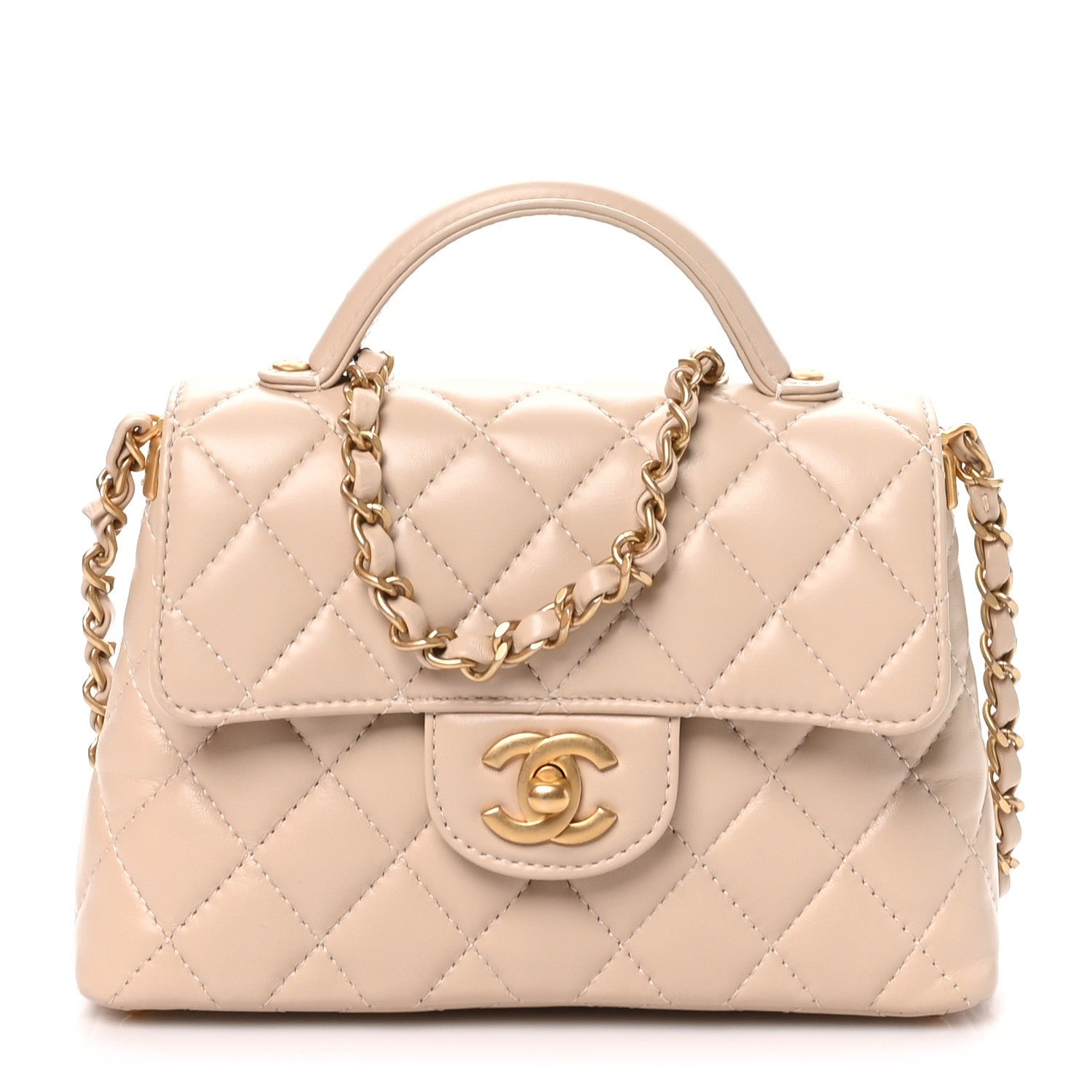 Chanel Lambskin Quilted Small Flap Top Handle Bag Beige